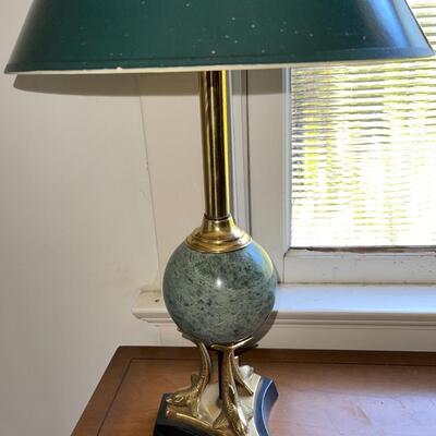 Lot 173 Table Lamp Brass with Stone Ball on Dolphin Supports 27"