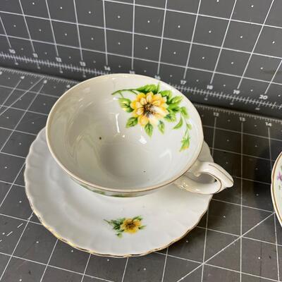 (2) Vintage Tea Cups; Yellow and Purple Bone China 