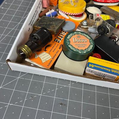 Desk Drawer Clean out: Camera Lenses, electrical Parts Typewriter Ribbon