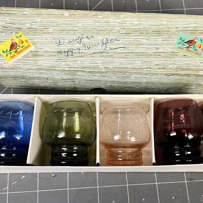 Set of 4 Colored Glass, Shot Glasses In Original Box 