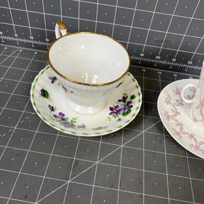 Tea Cups and Saucers: Pink Tiny Flower & Purple  
