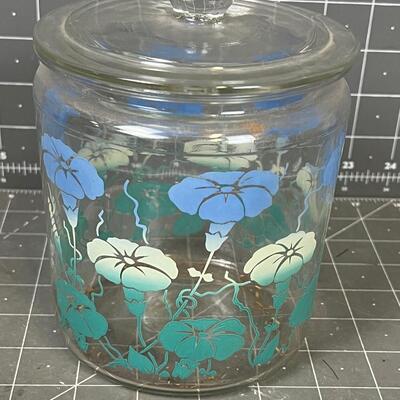 Covered Glass Canister Blue Flower