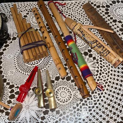 Lot 188 Group Musical Instruments Tambourines Flutes Whistles Thumb Piano