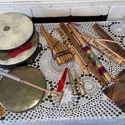 Lot 188 Group Musical Instruments Tambourines Flutes Whistles Thumb Piano