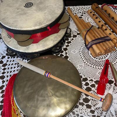 Lot 188 Group Musical Instruments Tambourines Flutes Whistles Thumb Piano