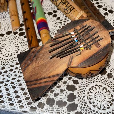 Lot 188 Group Musical Instruments Tambourines Flutes Whistles Thumb Piano