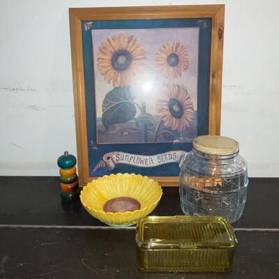 Lot 196 Sunflower Country Group Framed Print Bowl Pepper Grinder Refrigerator Jar 5pcs