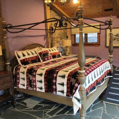King Size Four Poster Bed with Wrought Metal Scroll Design Topper