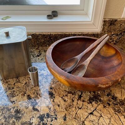 Large Wood Salad Serving Bowl and Stainless Lidded Ice Bucket