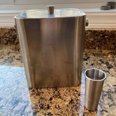 Large Wood Salad Serving Bowl and Stainless Lidded Ice Bucket