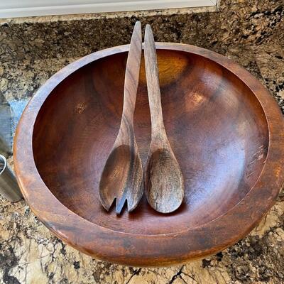 Large Wood Salad Serving Bowl and Stainless Lidded Ice Bucket