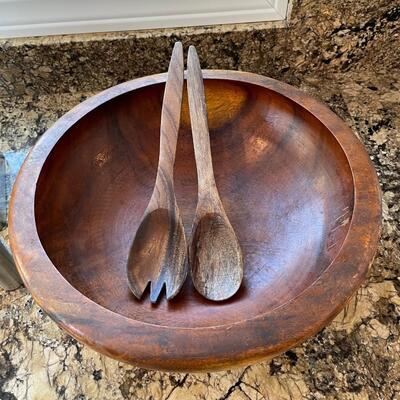 Large Wood Salad Serving Bowl and Stainless Lidded Ice Bucket