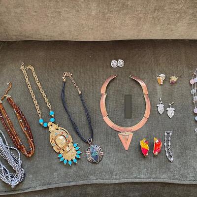 Fun and Unique Assorted Costume Jewelry, Beaded Hand Bag and Le Sac Knitted Bag