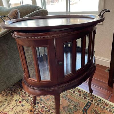 Oval Mahogany & Beveled Glass Tea Table, Curio China Display or Liquor Cabinet with removable tray