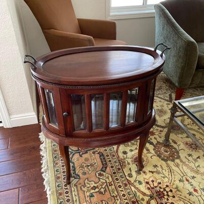 Oval Mahogany & Beveled Glass Tea Table, Curio China Display or Liquor Cabinet with removable tray