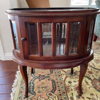 Oval Mahogany & Beveled Glass Tea Table, Curio China Display or Liquor Cabinet with removable tray