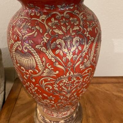 Red and Gold Painted Ceramic Table Lamp with Pleated Shade