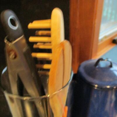 Kitchen Goods- Food Chopper, Enamel Coffee Pot, Utensils, Wooden Rolling Pin