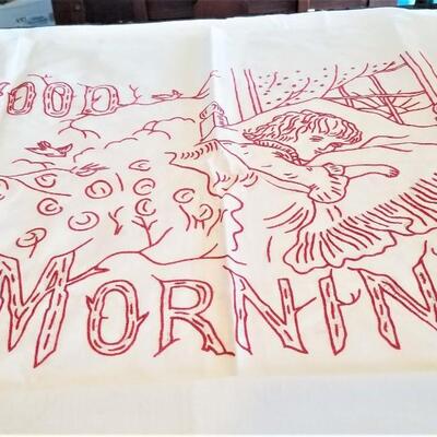 Lot #42  Two Antique Red Work Pillow Cases - Good Morning/Good Night.