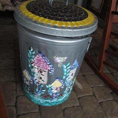 Decoratively Painted Galvanized Garbage Can with Lid
