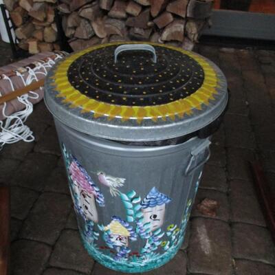 Decoratively Painted Galvanized Garbage Can with Lid
