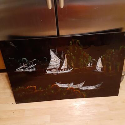 Wooden Japanese mother of pearl ships picture
