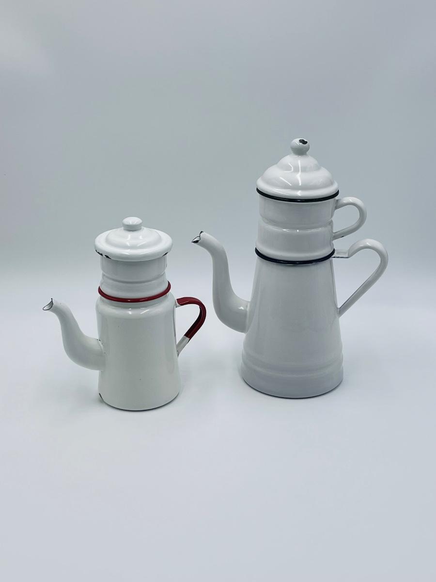 Pair Classic White Enameled French Drip Coffee Pots