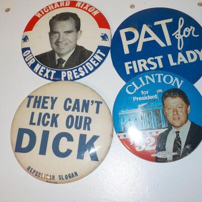 "Vintage presidential Buttons, Richard Nixon and Clinton'.