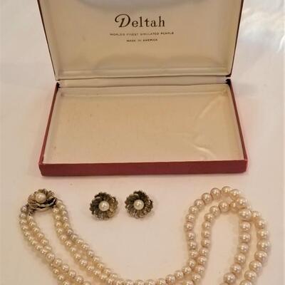 Lot #57  Vintage DELTAH Costume Pearl set - necklace/earrings - original box