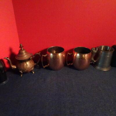LOT 85. METAL CUPS AND TEA POT