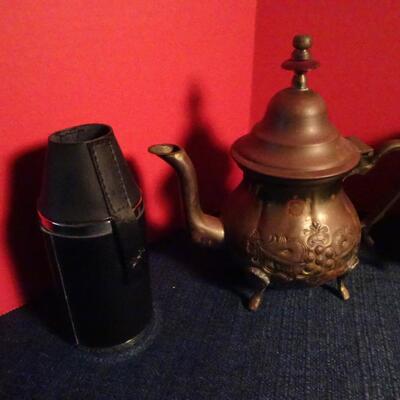LOT 85. METAL CUPS AND TEA POT