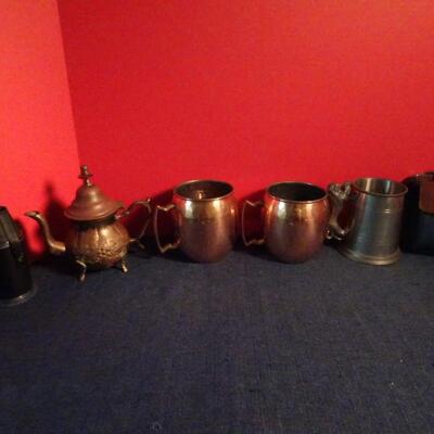 LOT 85. METAL CUPS AND TEA POT