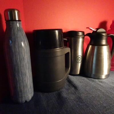 LOT 90. COLLECTION OF THERMOS, COFFEE POTS, ETC,