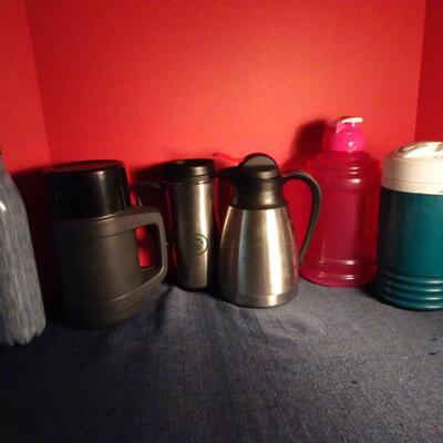 LOT 90. COLLECTION OF THERMOS, COFFEE POTS, ETC,