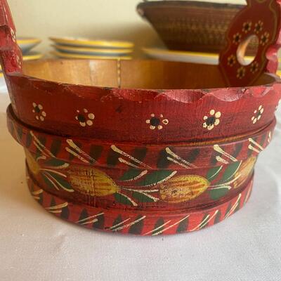 Folk painted wooden basket cracked