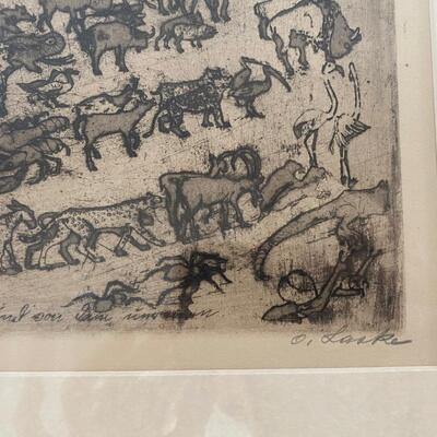 Oskar Laske 1912 Engraved  Framed original art â€œNoahs Arkâ€ signed in plate and out of plate
