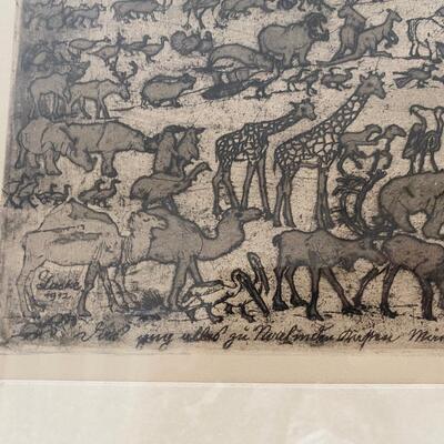 Oskar Laske 1912 Engraved  Framed original art â€œNoahs Arkâ€ signed in plate and out of plate