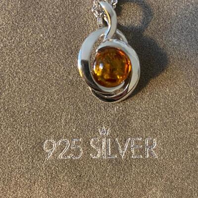 Modern amber sterling silver 925 necklace and earrings set