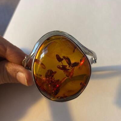 Incredible large Amber sterling silver modernist bracelet Bangle With hinge and key