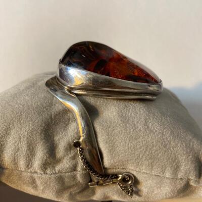 Incredible large Amber sterling silver modernist bracelet Bangle With hinge and key