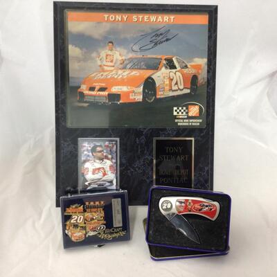 122) NASCAR | Signed Tony Stewart Plaque, Knife, and Pin Set