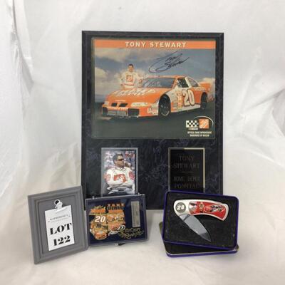 122) NASCAR | Signed Tony Stewart Plaque, Knife, and Pin Set