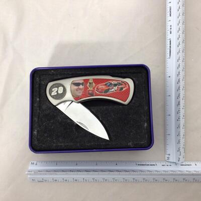 122) NASCAR | Signed Tony Stewart Plaque, Knife, and Pin Set