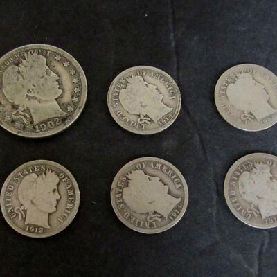 US Silver Barber Coins: 1902 Quarter, 1903, 1912, 1914, 1914D, 1916 Dimes