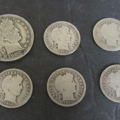 US Silver Barber Coins: 1902 Quarter, 1903, 1912, 1914, 1914D, 1916 Dimes