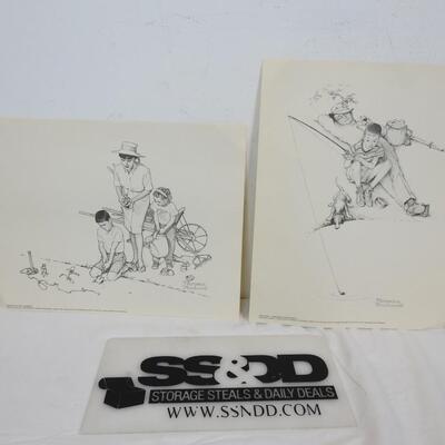 2 Prints Pencil Drawings By Norman Rockwell from Massachusetts Life Ins Co.