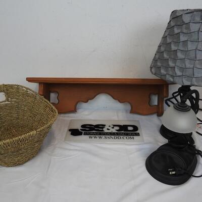 4 Pc Home Decor: Wooden Shelf, 2 Lamps, 1 Basket, Blue Bin Included