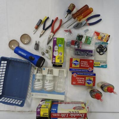 25+ Home Improvement Lot; Light Bulbs, Tools, Screws, 3-in-One Oil.