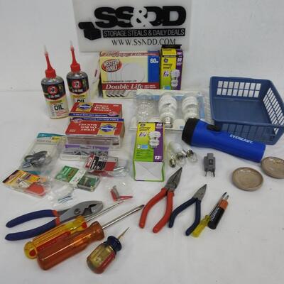 25+ Home Improvement Lot; Light Bulbs, Tools, Screws, 3-in-One Oil.