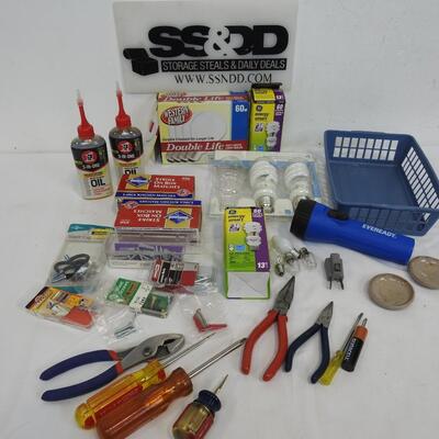 25+ Home Improvement Lot; Light Bulbs, Tools, Screws, 3-in-One Oil.